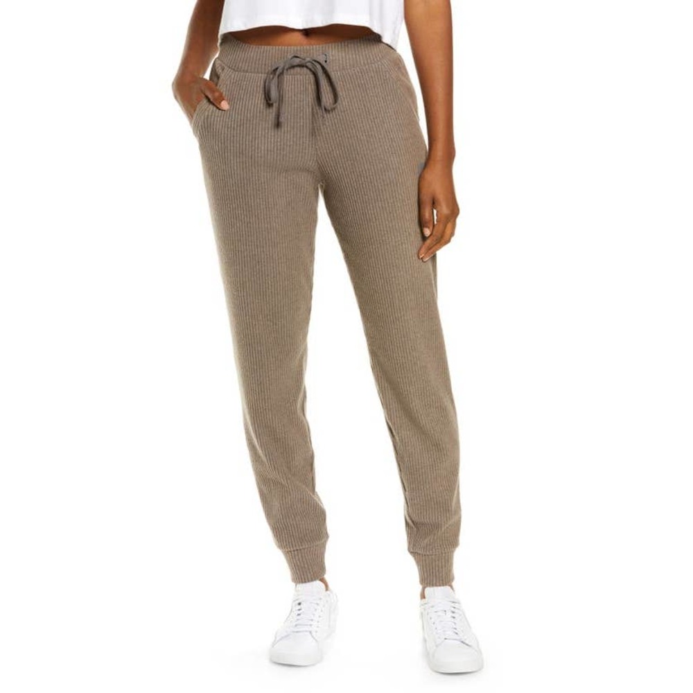 ALO YOGA muse ribbed high-waist taupe drawstring sweatpants XS